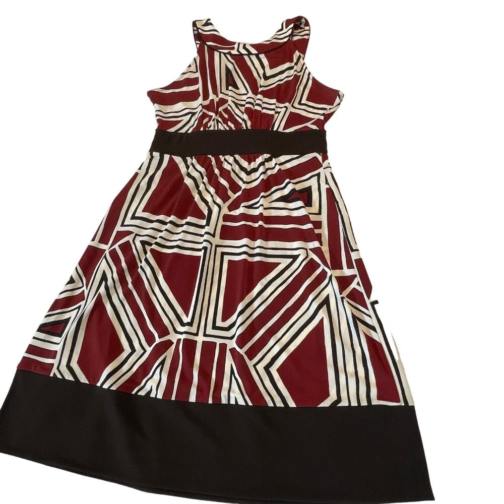 Banana Republic XS Stretch Geometric Print Dress Red Dark Brown Black Easy Care - Picture 5 of 7